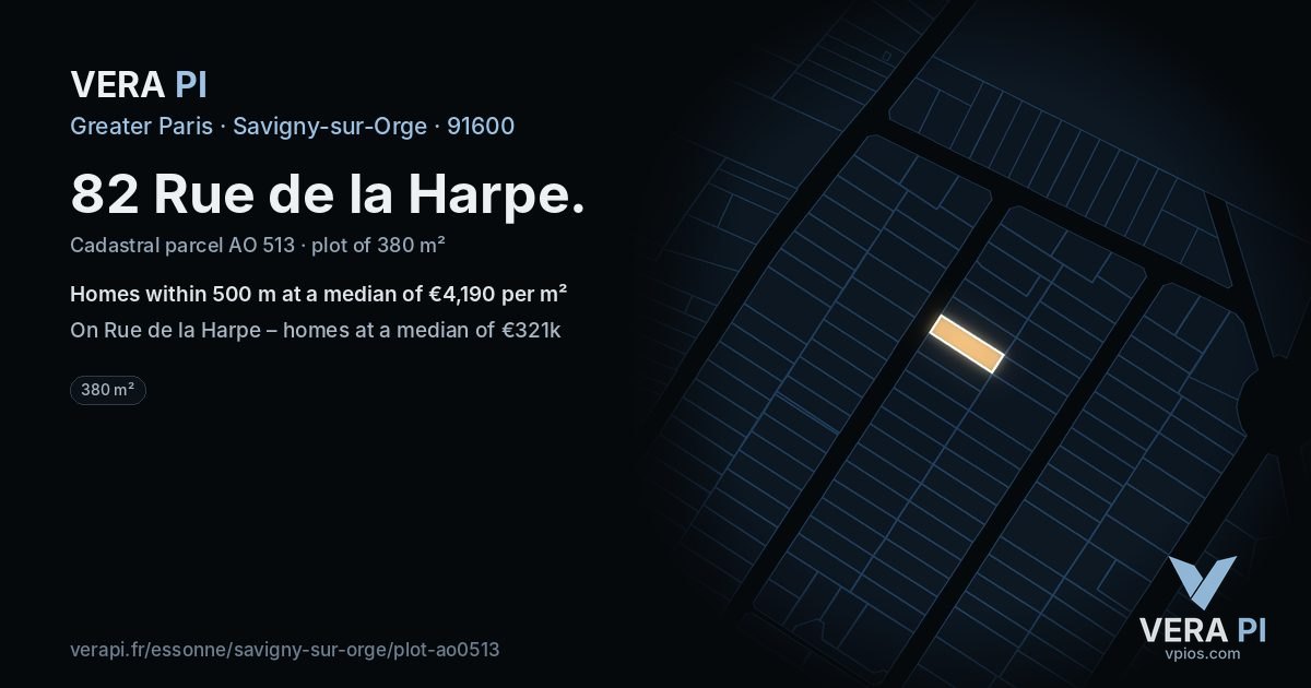 82 Rue de la Harpe, Savigny-sur-Orge at night – the plot lit, the parcels around coloured by the prices near them