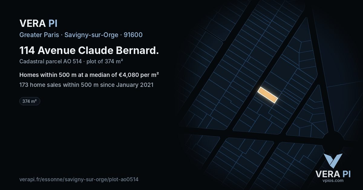 114 Avenue Claude Bernard, Savigny-sur-Orge at night – the plot lit, the parcels around coloured by the prices near them
