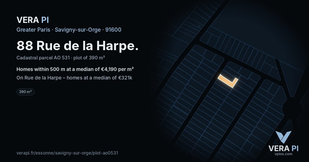 88 Rue de la Harpe, Savigny-sur-Orge at night – the plot lit, the parcels around coloured by the prices near them