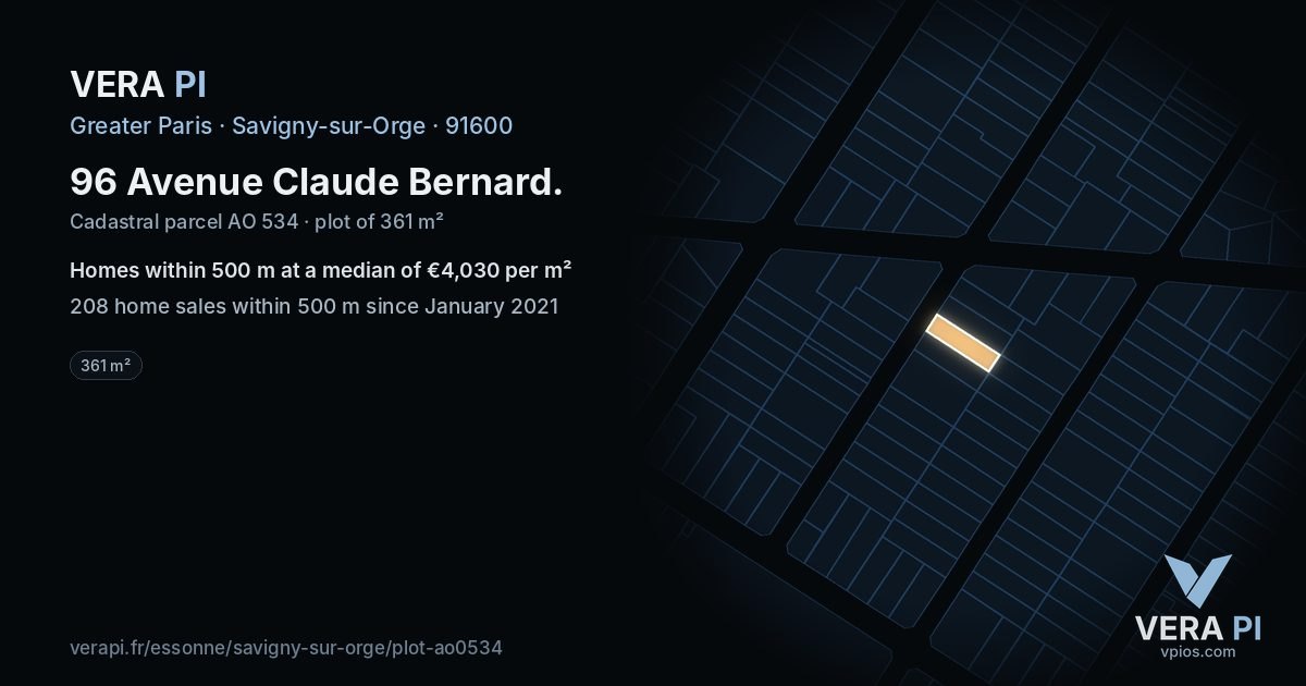 96 Avenue Claude Bernard, Savigny-sur-Orge at night – the plot lit, the parcels around coloured by the prices near them