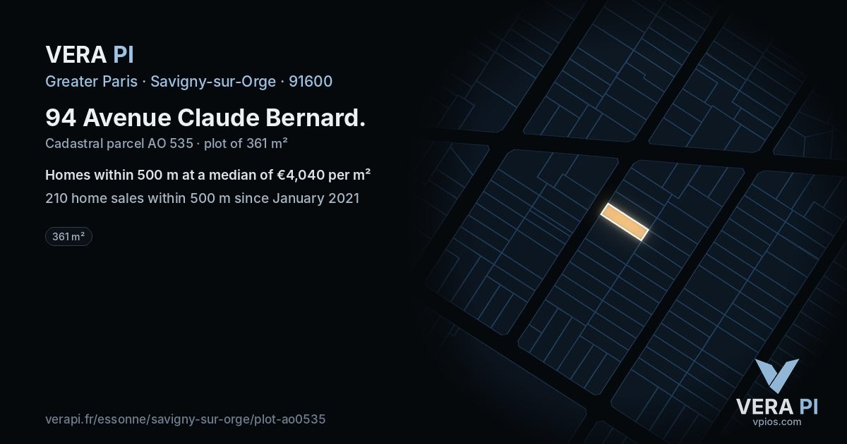 94 Avenue Claude Bernard, Savigny-sur-Orge at night – the plot lit, the parcels around coloured by the prices near them