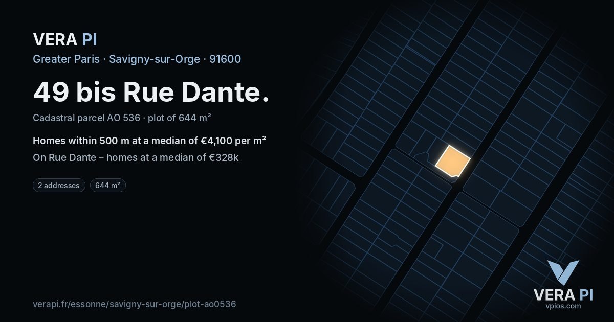 49 bis Rue Dante, Savigny-sur-Orge at night – the plot lit, the parcels around coloured by the prices near them