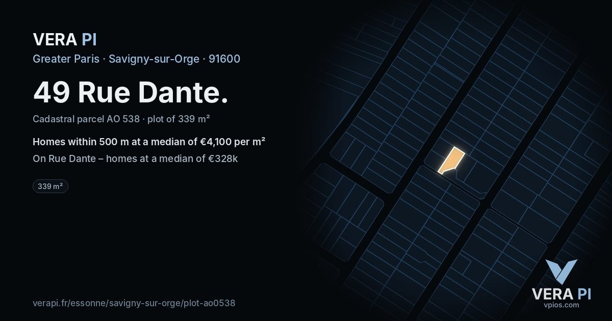 49 Rue Dante, Savigny-sur-Orge at night – the plot lit, the parcels around coloured by the prices near them