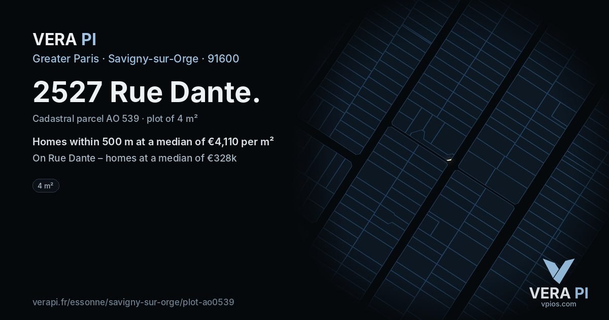 2527 Rue Dante, Savigny-sur-Orge at night – the plot lit, the parcels around coloured by the prices near them