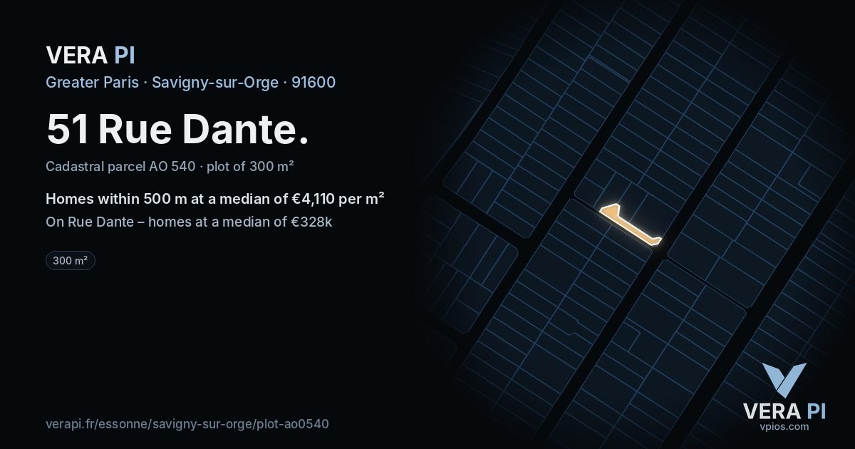 51 Rue Dante, Savigny-sur-Orge at night – the plot lit, the parcels around coloured by the prices near them