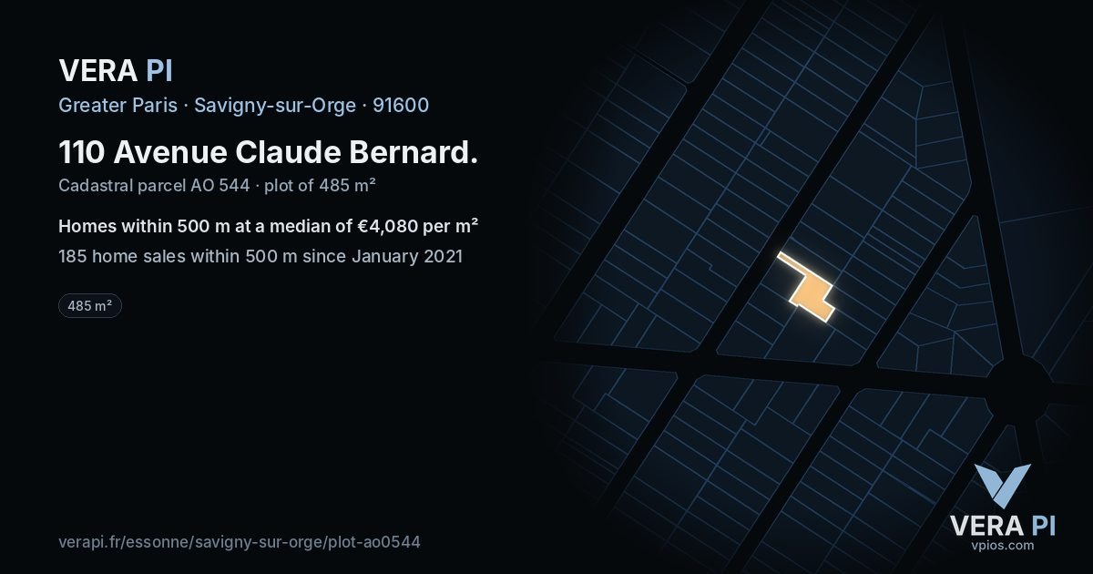 110 Avenue Claude Bernard, Savigny-sur-Orge at night – the plot lit, the parcels around coloured by the prices near them