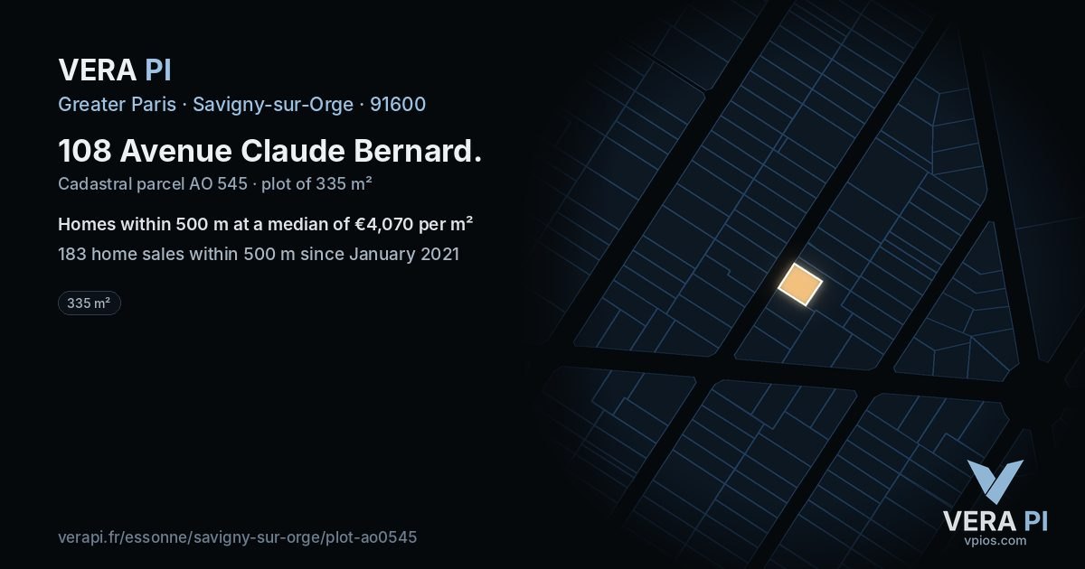 108 Avenue Claude Bernard, Savigny-sur-Orge at night – the plot lit, the parcels around coloured by the prices near them