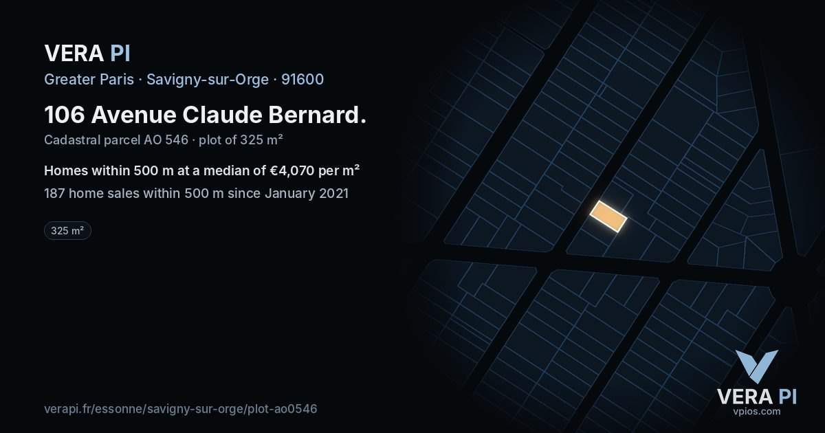 106 Avenue Claude Bernard, Savigny-sur-Orge at night – the plot lit, the parcels around coloured by the prices near them