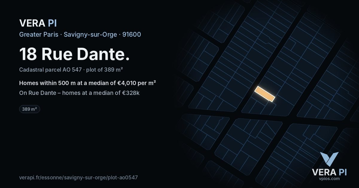 18 Rue Dante, Savigny-sur-Orge at night – the plot lit, the parcels around coloured by the prices near them