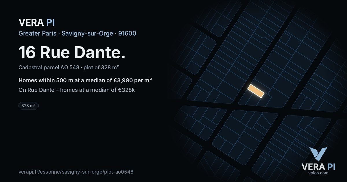 16 Rue Dante, Savigny-sur-Orge at night – the plot lit, the parcels around coloured by the prices near them