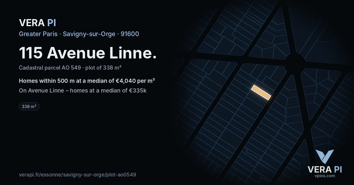 115 Avenue Linne, Savigny-sur-Orge at night – the plot lit, the parcels around coloured by the prices near them