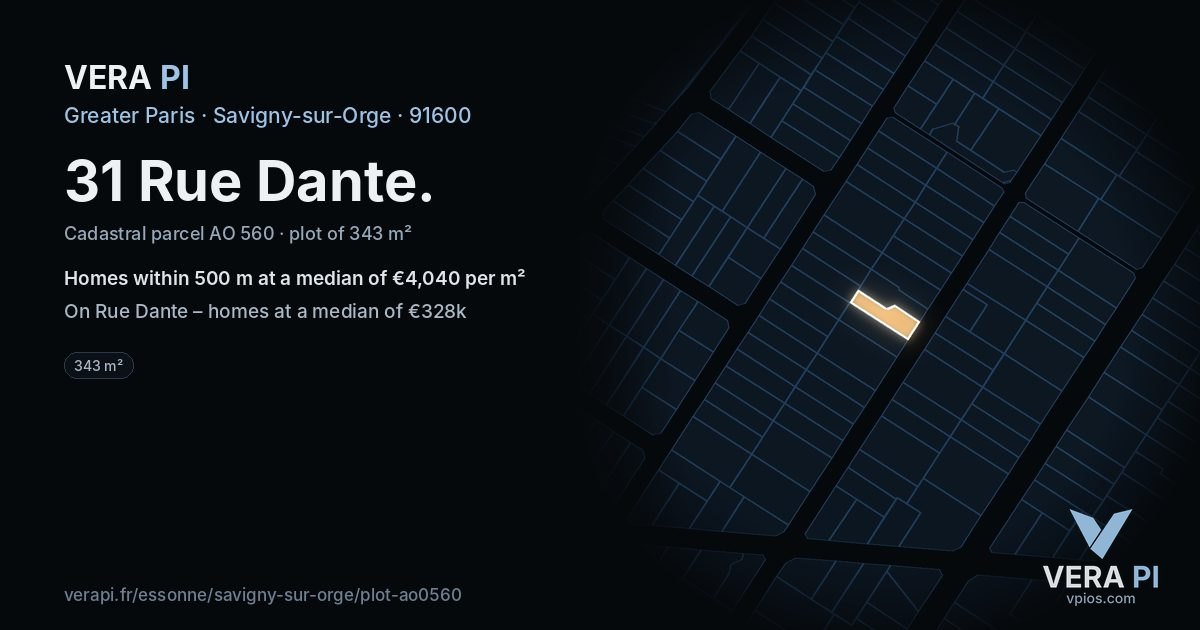 31 Rue Dante, Savigny-sur-Orge at night – the plot lit, the parcels around coloured by the prices near them
