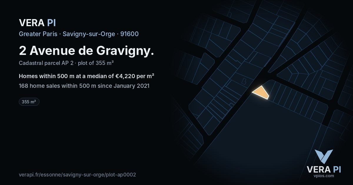2 Avenue de Gravigny, Savigny-sur-Orge at night – the plot lit, the parcels around coloured by the prices near them