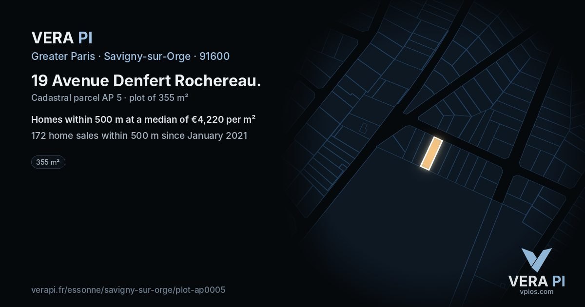 19 Avenue Denfert Rochereau, Savigny-sur-Orge at night – the plot lit, the parcels around coloured by the prices near them