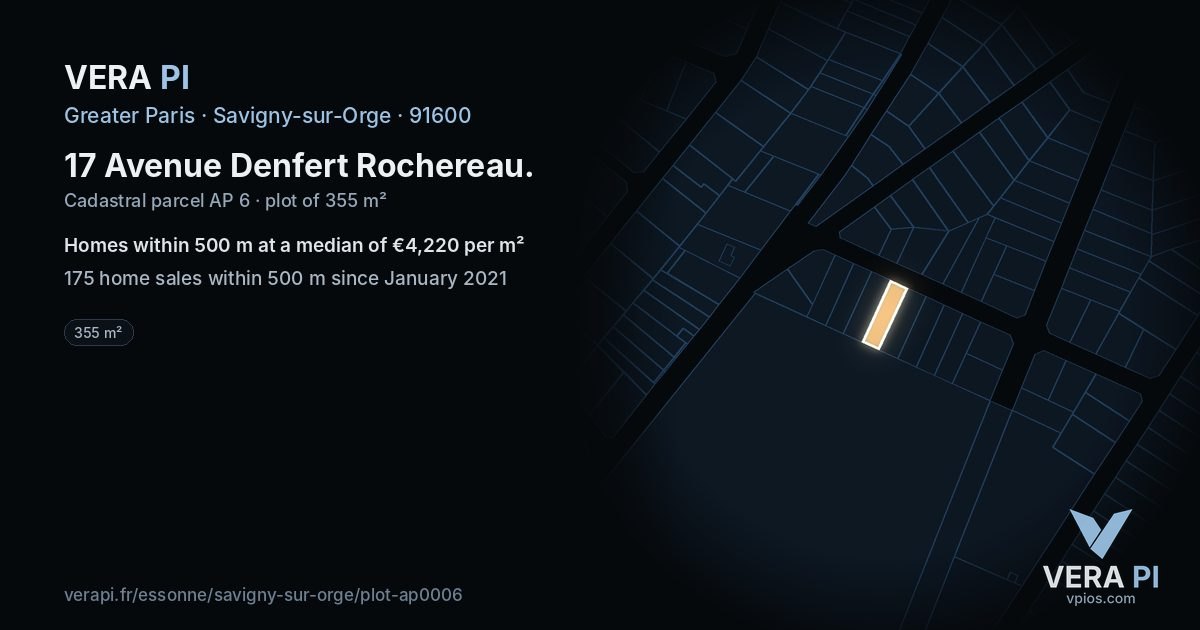 17 Avenue Denfert Rochereau, Savigny-sur-Orge at night – the plot lit, the parcels around coloured by the prices near them