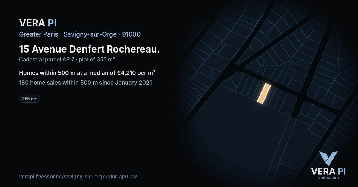 15 Avenue Denfert Rochereau, Savigny-sur-Orge at night – the plot lit, the parcels around coloured by the prices near them