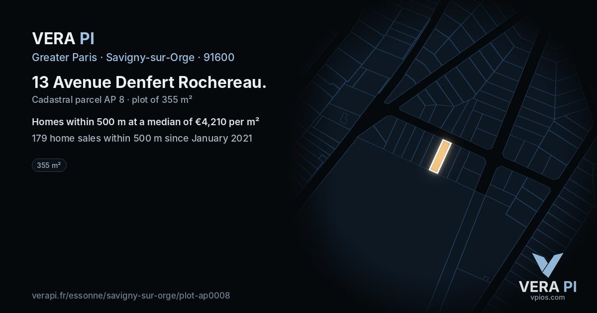 13 Avenue Denfert Rochereau, Savigny-sur-Orge at night – the plot lit, the parcels around coloured by the prices near them