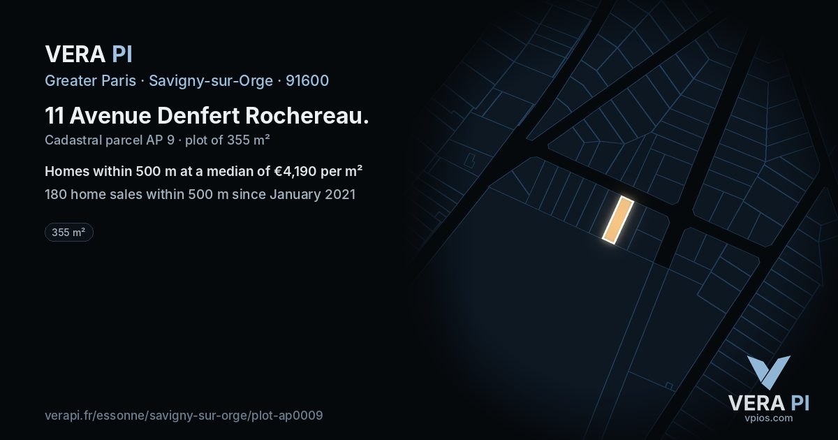 11 Avenue Denfert Rochereau, Savigny-sur-Orge at night – the plot lit, the parcels around coloured by the prices near them