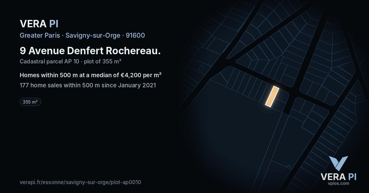 9 Avenue Denfert Rochereau, Savigny-sur-Orge at night – the plot lit, the parcels around coloured by the prices near them