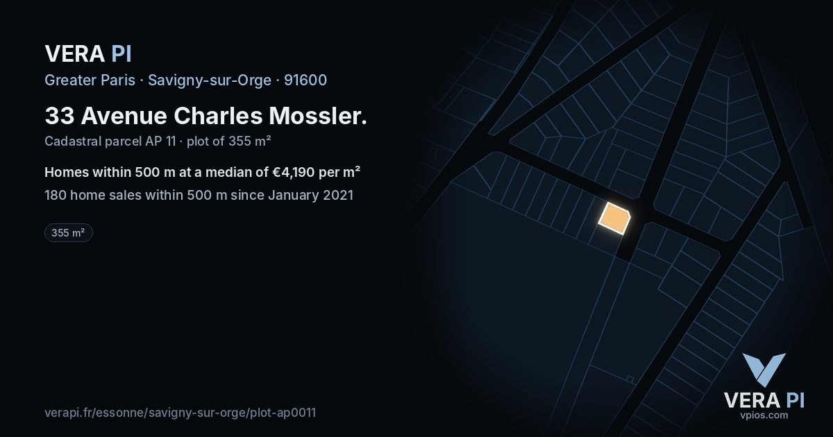 33 Avenue Charles Mossler, Savigny-sur-Orge at night – the plot lit, the parcels around coloured by the prices near them