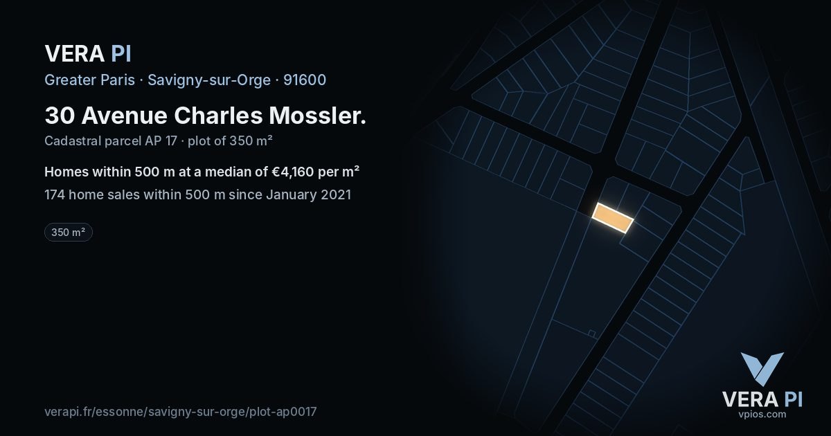 30 Avenue Charles Mossler, Savigny-sur-Orge at night – the plot lit, the parcels around coloured by the prices near them
