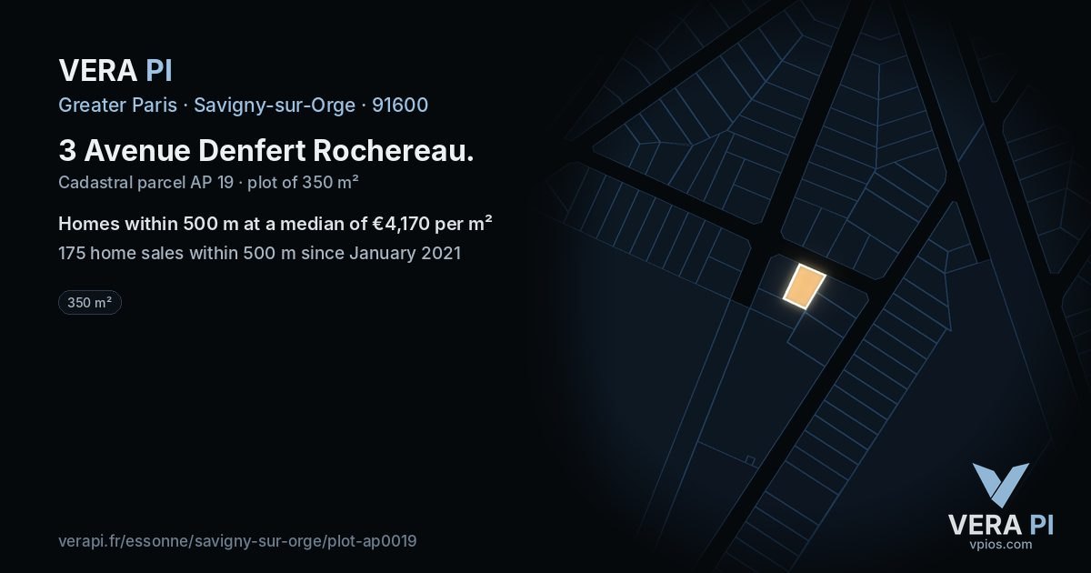3 Avenue Denfert Rochereau, Savigny-sur-Orge at night – the plot lit, the parcels around coloured by the prices near them
