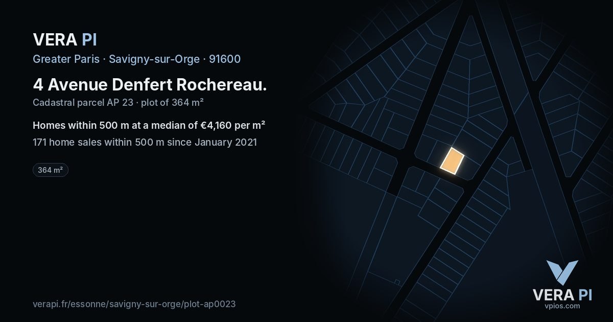 4 Avenue Denfert Rochereau, Savigny-sur-Orge at night – the plot lit, the parcels around coloured by the prices near them
