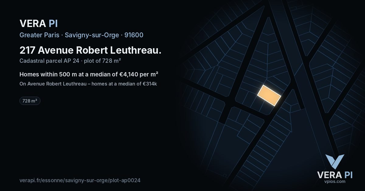 217 Avenue Robert Leuthreau, Savigny-sur-Orge at night – the plot lit, the parcels around coloured by the prices near them