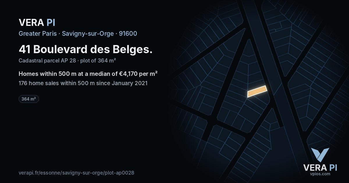 41 Boulevard des Belges, Savigny-sur-Orge at night – the plot lit, the parcels around coloured by the prices near them