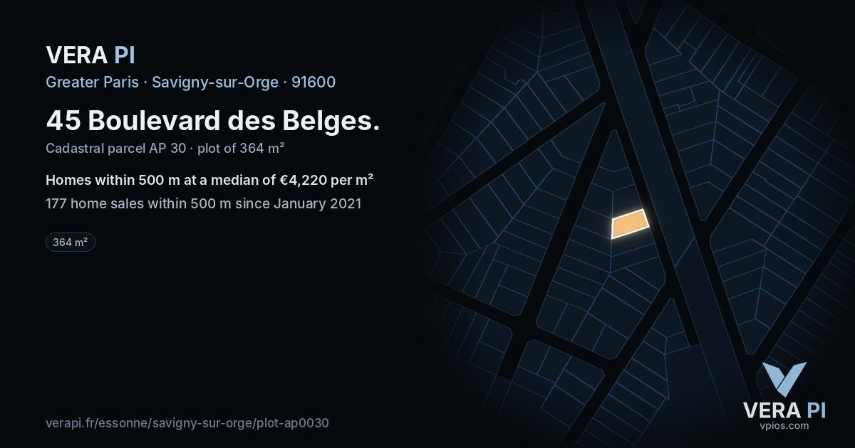 45 Boulevard des Belges, Savigny-sur-Orge at night – the plot lit, the parcels around coloured by the prices near them