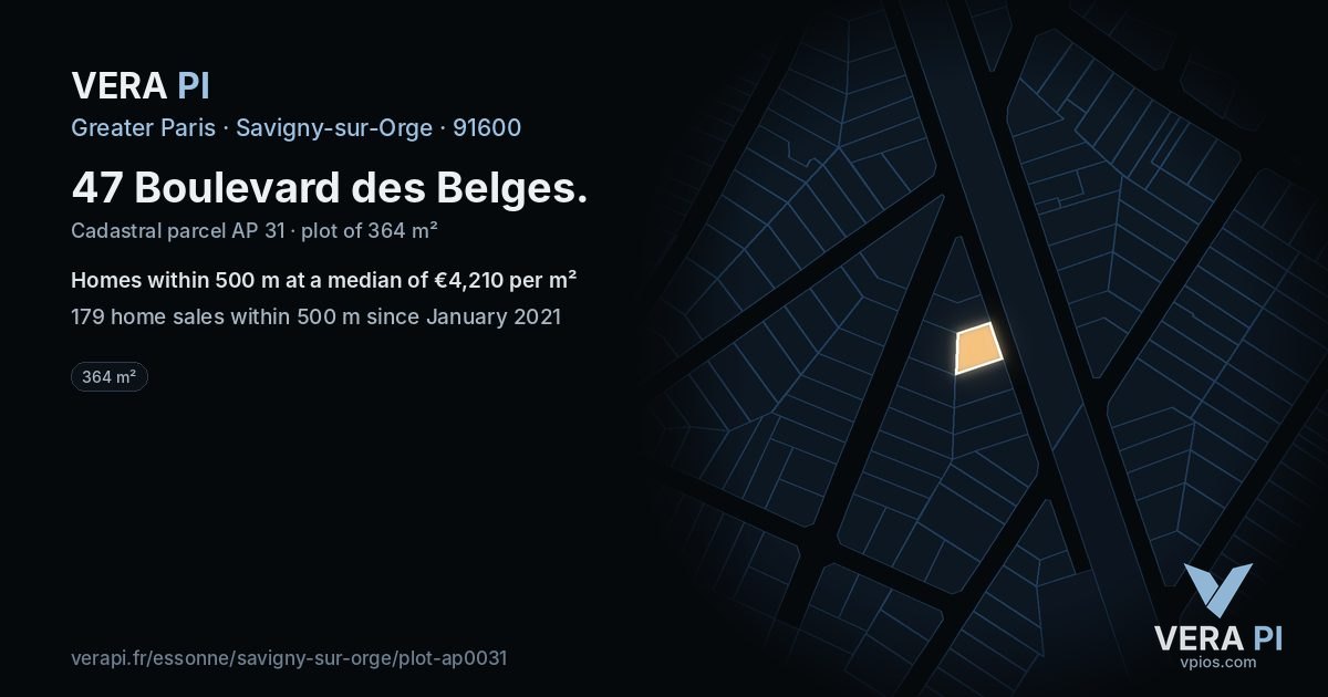 47 Boulevard des Belges, Savigny-sur-Orge at night – the plot lit, the parcels around coloured by the prices near them