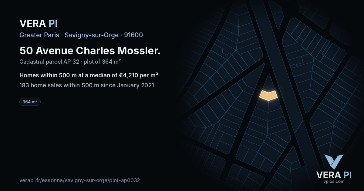 50 Avenue Charles Mossler, Savigny-sur-Orge at night – the plot lit, the parcels around coloured by the prices near them