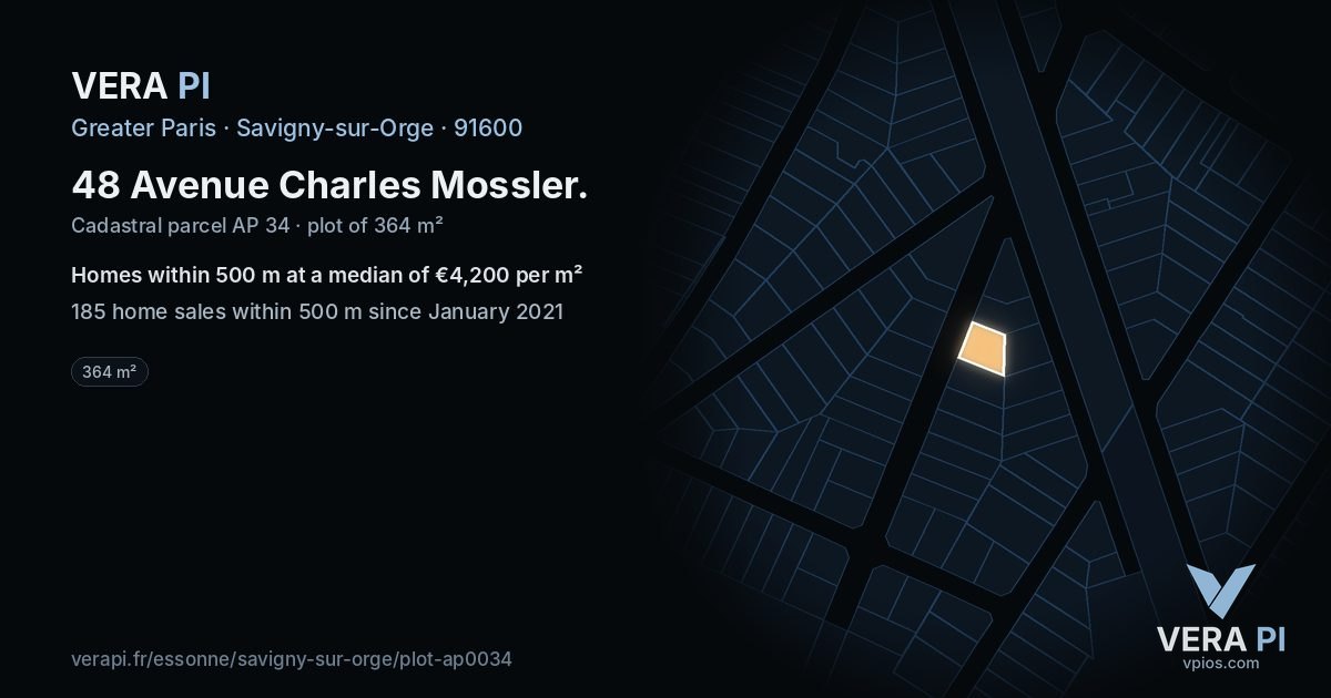 48 Avenue Charles Mossler, Savigny-sur-Orge at night – the plot lit, the parcels around coloured by the prices near them