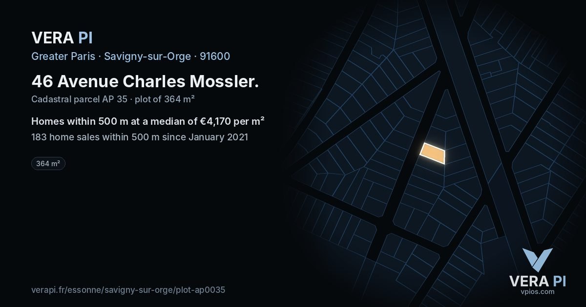 46 Avenue Charles Mossler, Savigny-sur-Orge at night – the plot lit, the parcels around coloured by the prices near them