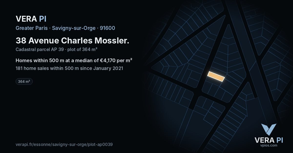 38 Avenue Charles Mossler, Savigny-sur-Orge at night – the plot lit, the parcels around coloured by the prices near them