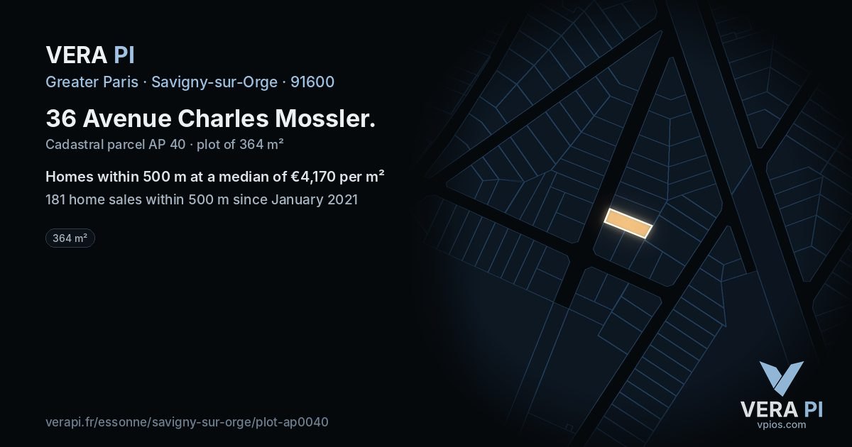 36 Avenue Charles Mossler, Savigny-sur-Orge at night – the plot lit, the parcels around coloured by the prices near them