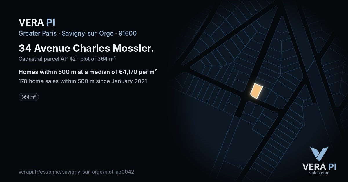 34 Avenue Charles Mossler, Savigny-sur-Orge at night – the plot lit, the parcels around coloured by the prices near them