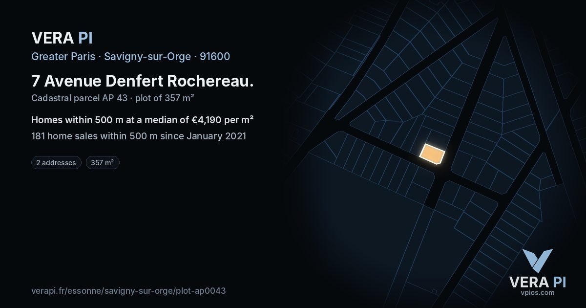 7 Avenue Denfert Rochereau, Savigny-sur-Orge at night – the plot lit, the parcels around coloured by the prices near them
