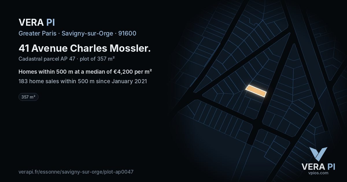 41 Avenue Charles Mossler, Savigny-sur-Orge at night – the plot lit, the parcels around coloured by the prices near them
