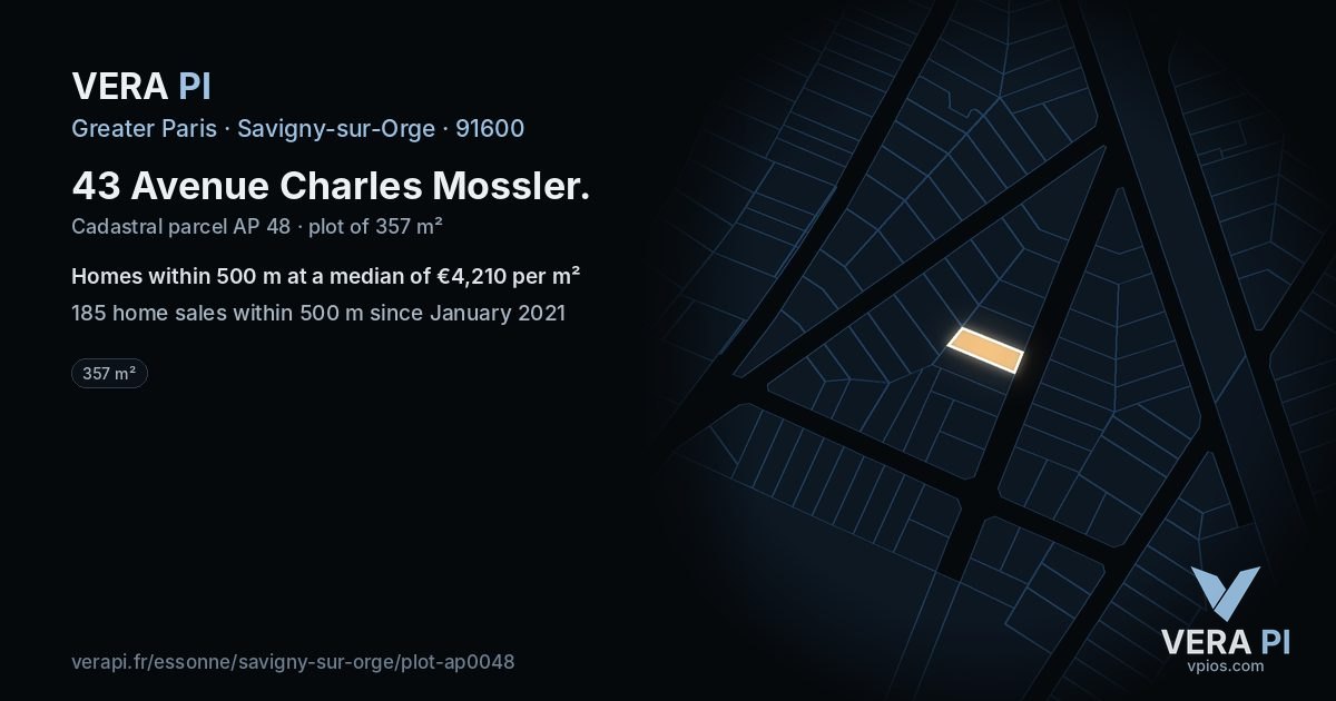 43 Avenue Charles Mossler, Savigny-sur-Orge at night – the plot lit, the parcels around coloured by the prices near them
