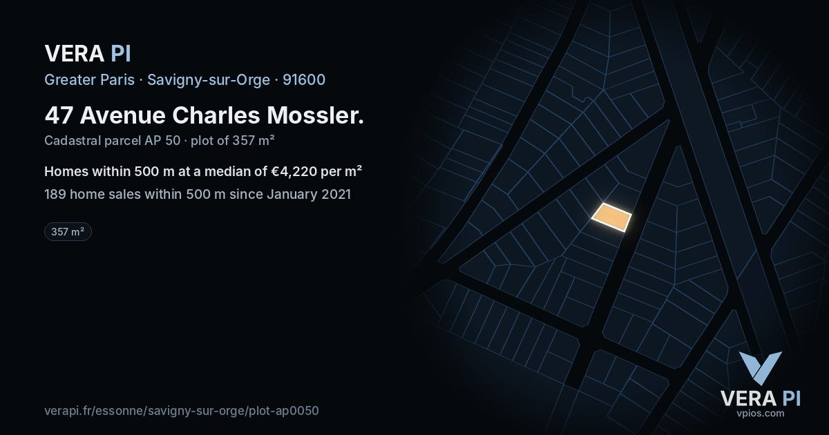 47 Avenue Charles Mossler, Savigny-sur-Orge at night – the plot lit, the parcels around coloured by the prices near them