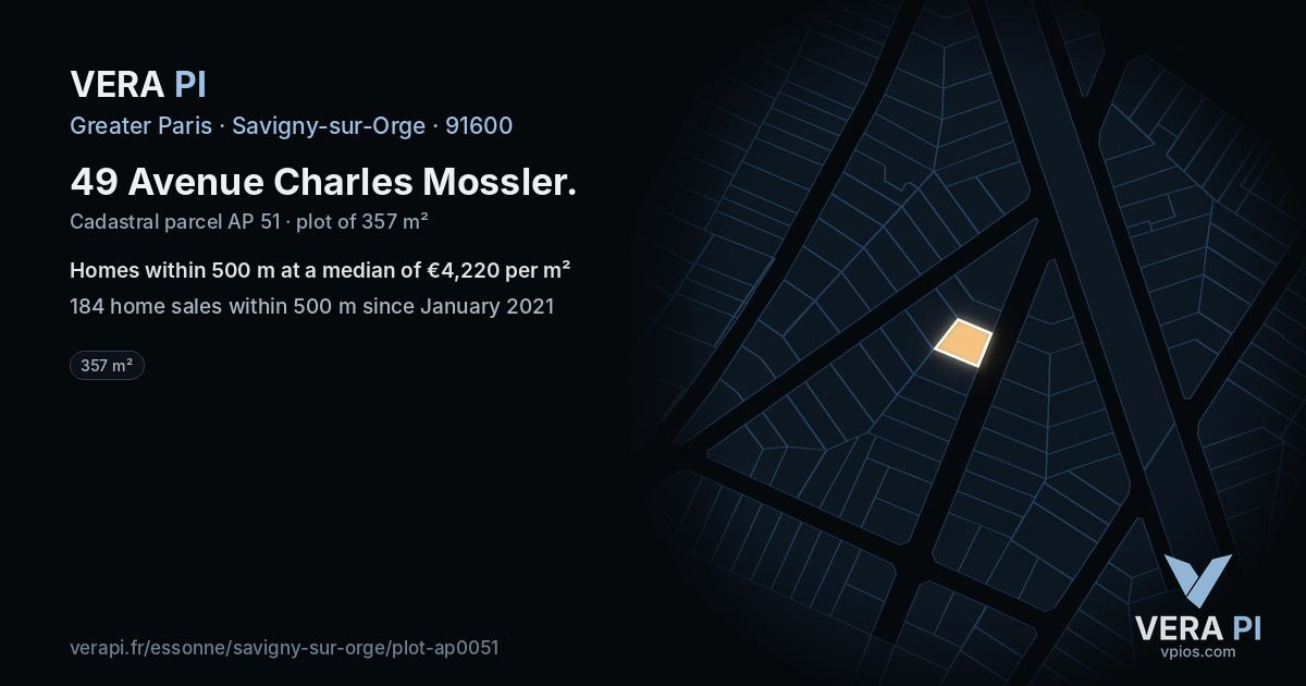 49 Avenue Charles Mossler, Savigny-sur-Orge at night – the plot lit, the parcels around coloured by the prices near them