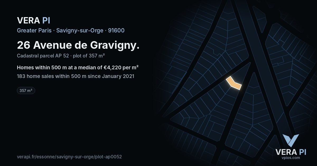 26 Avenue de Gravigny, Savigny-sur-Orge at night – the plot lit, the parcels around coloured by the prices near them