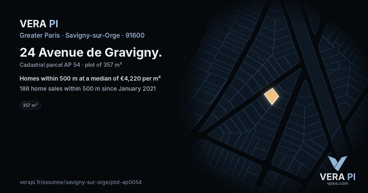 24 Avenue de Gravigny, Savigny-sur-Orge at night – the plot lit, the parcels around coloured by the prices near them