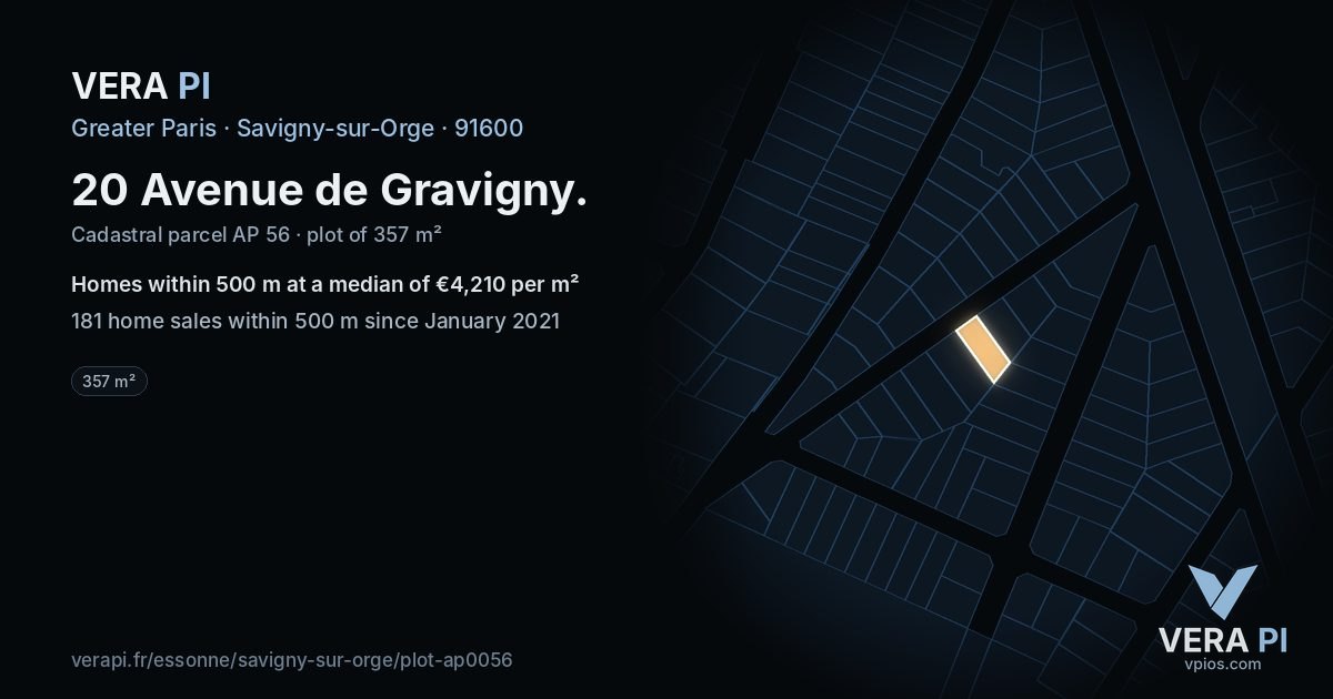 20 Avenue de Gravigny, Savigny-sur-Orge at night – the plot lit, the parcels around coloured by the prices near them