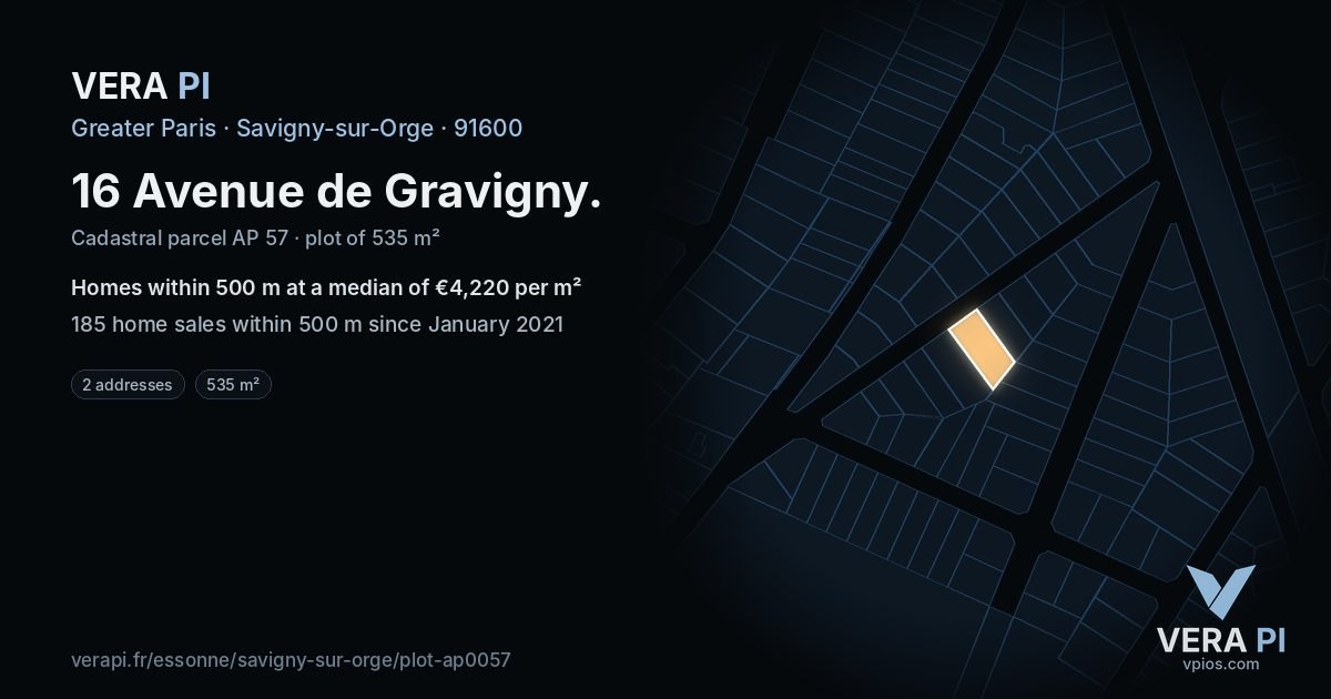 16 Avenue de Gravigny, Savigny-sur-Orge at night – the plot lit, the parcels around coloured by the prices near them