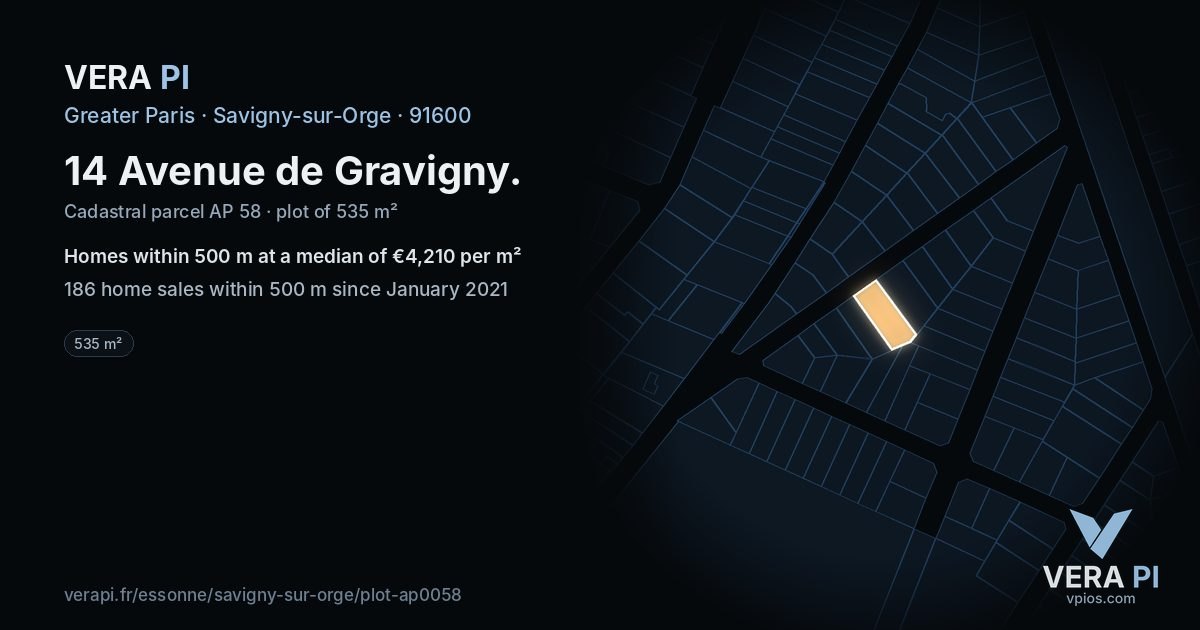 14 Avenue de Gravigny, Savigny-sur-Orge at night – the plot lit, the parcels around coloured by the prices near them