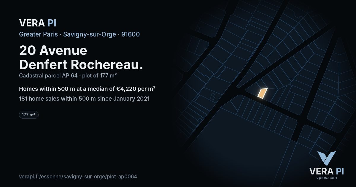 20 Avenue Denfert Rochereau, Savigny-sur-Orge at night – the plot lit, the parcels around coloured by the prices near them