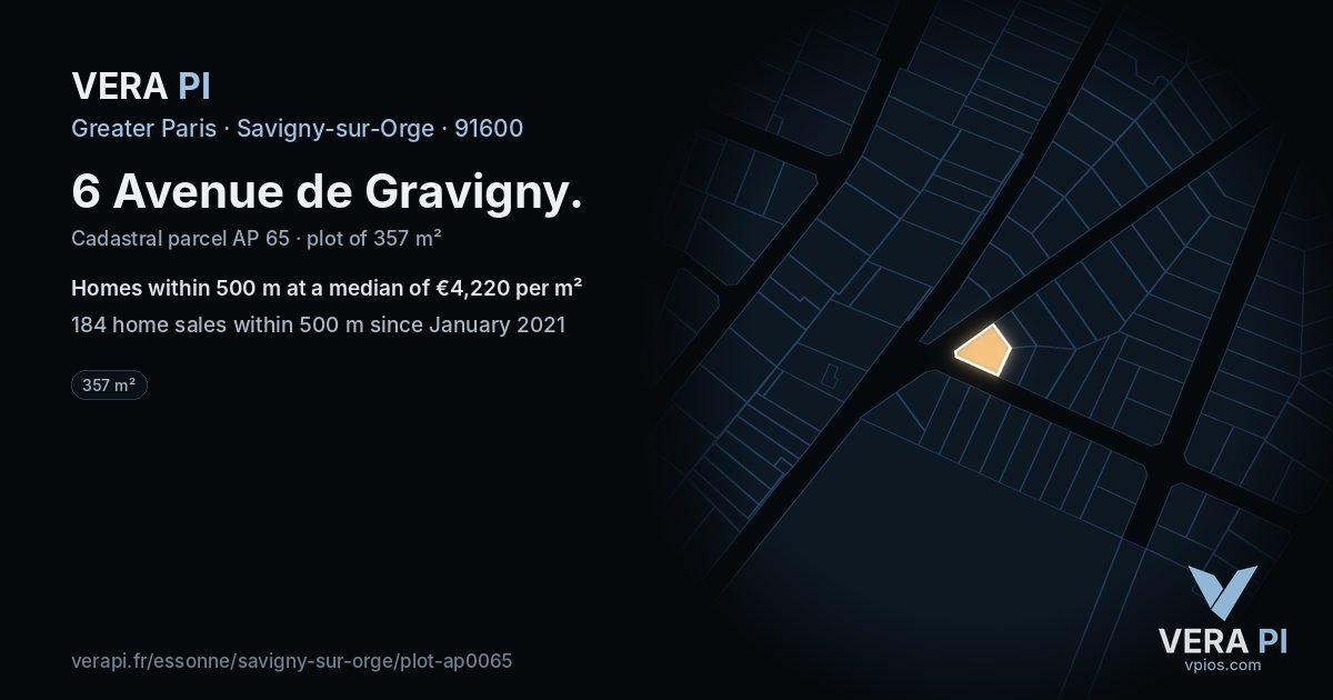 6 Avenue de Gravigny, Savigny-sur-Orge at night – the plot lit, the parcels around coloured by the prices near them