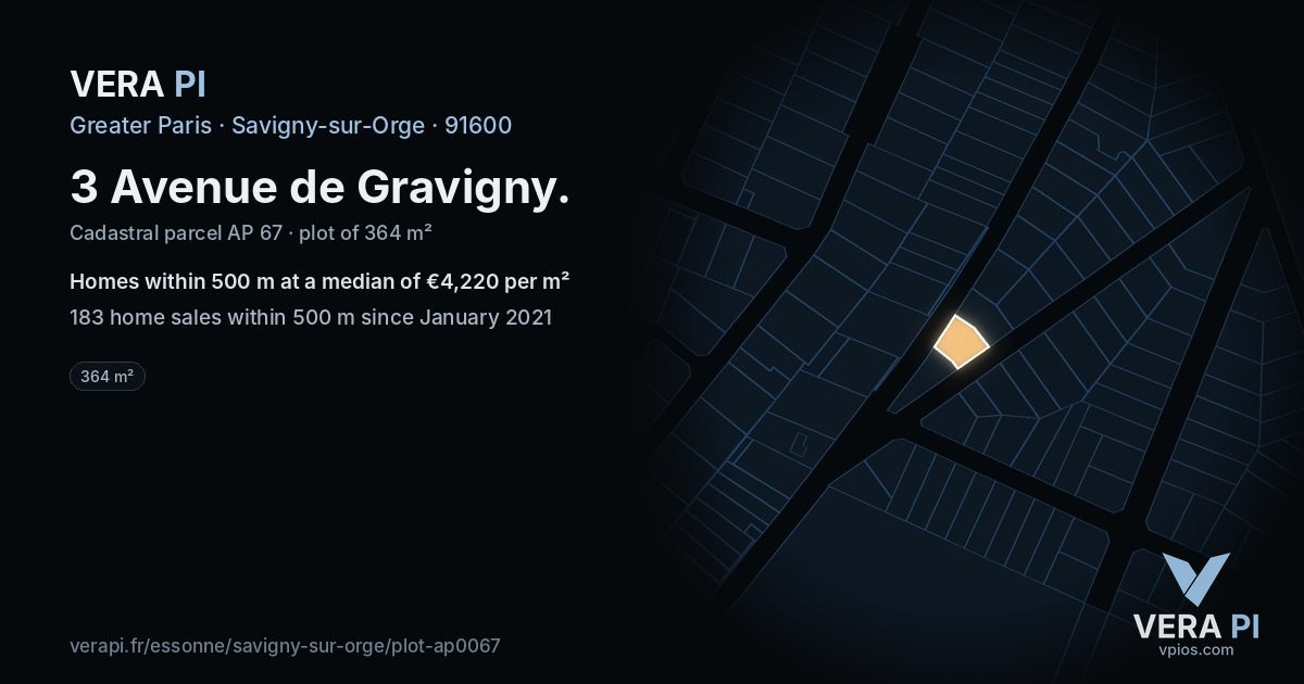 3 Avenue de Gravigny, Savigny-sur-Orge at night – the plot lit, the parcels around coloured by the prices near them